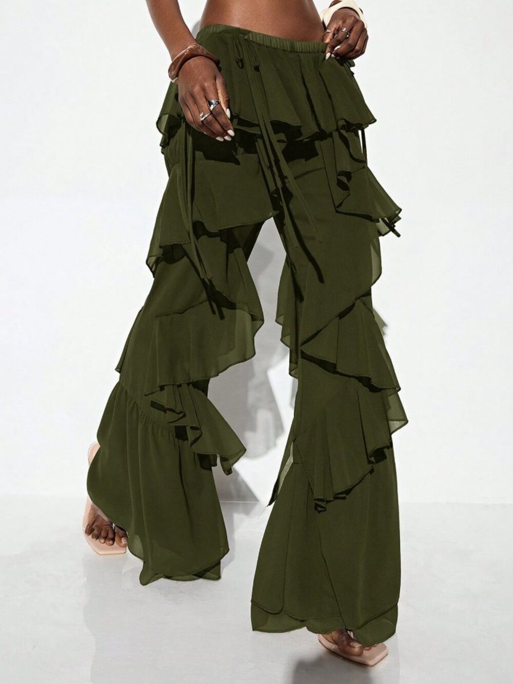 Olive Green Casual Women's Chiffon Low Waist Ruffle Trim Pants